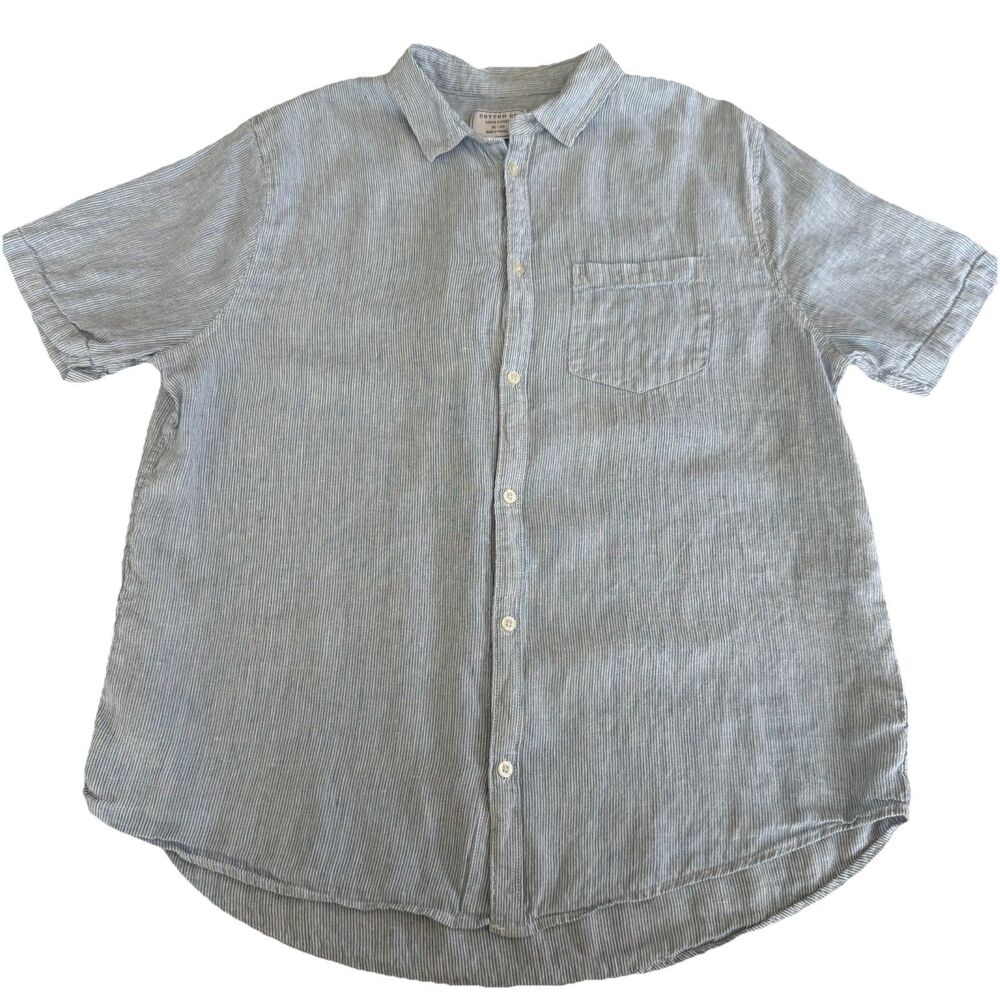 COTTON ON 100% Linen Button Down Shirt Mens Size XL Short Sleeve Blue Striped